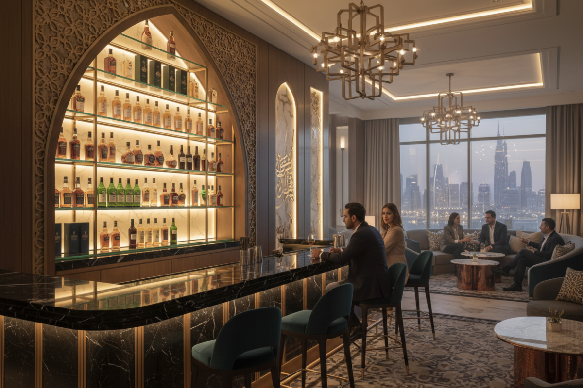 Luxury hotel bar setting in Dubai with premium whisky bottles displayed on backlit shelves