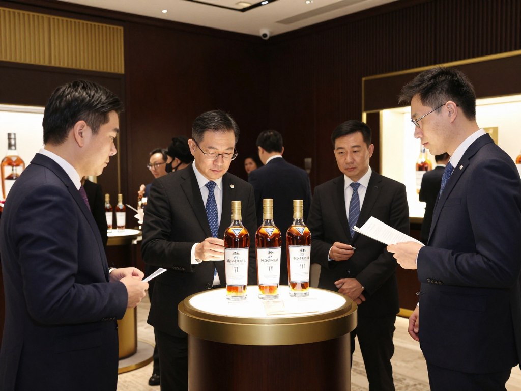 Luxury whisky auction scene in Hong Kong with Macallan bottles displayed