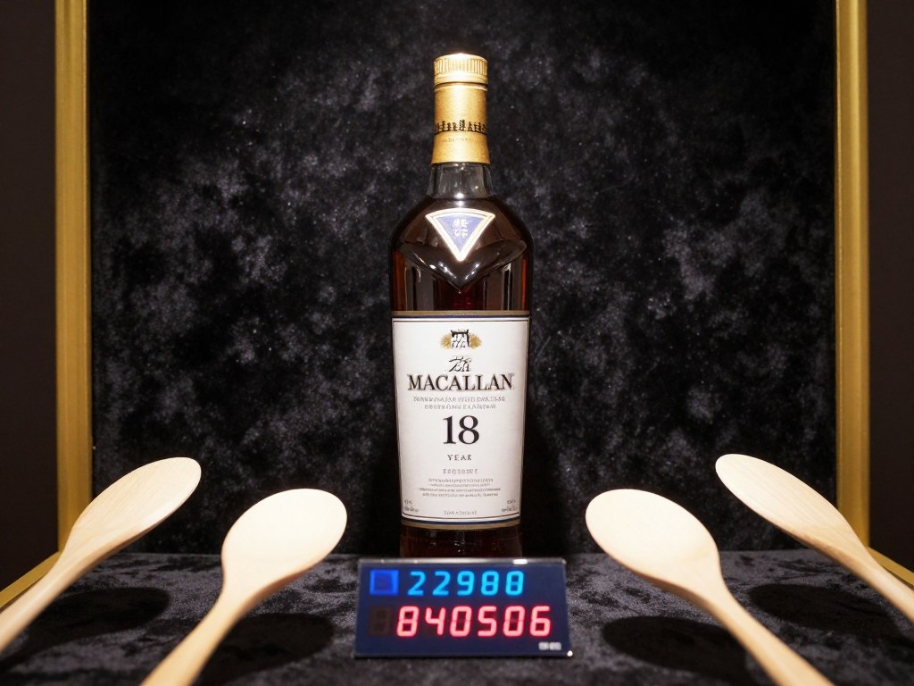 Macallan bottles under auction house lighting with price paddles