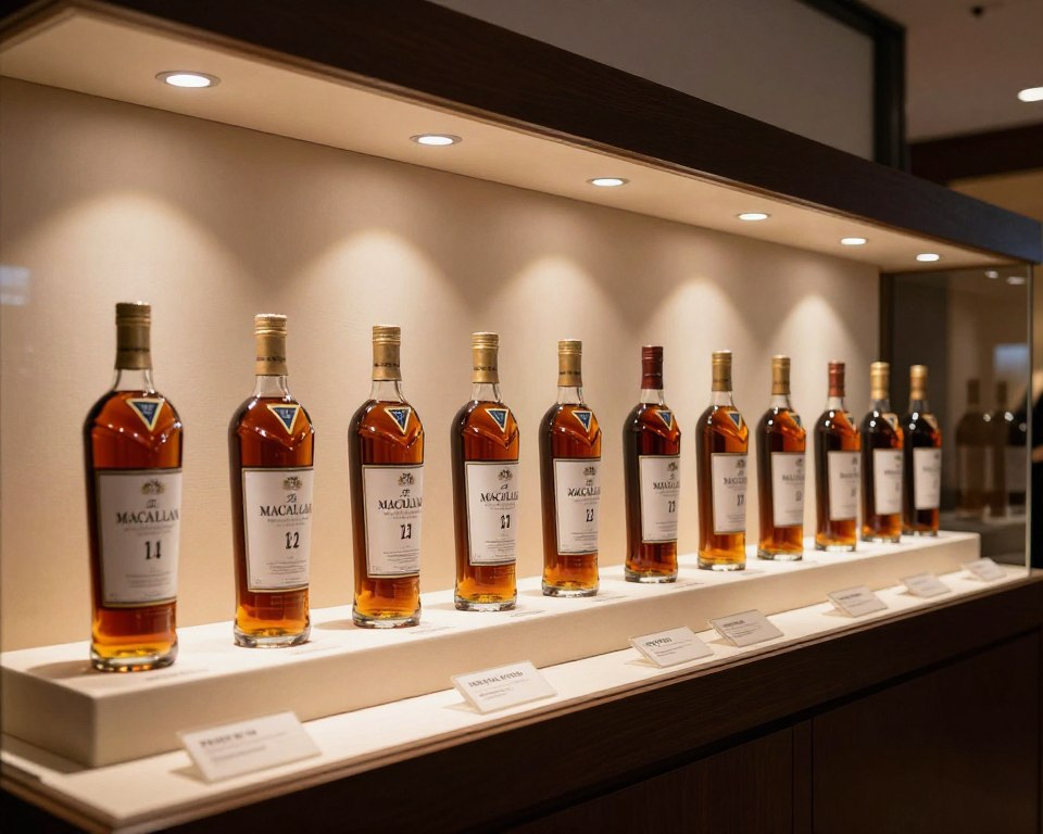 Macallan brand heritage display showcasing whisky bottles through decades