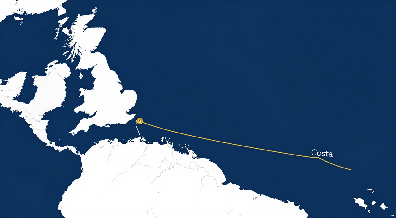 Map illustration showing shipping route from United Kingdom to Costa Rica for international whisky wholesale coordination