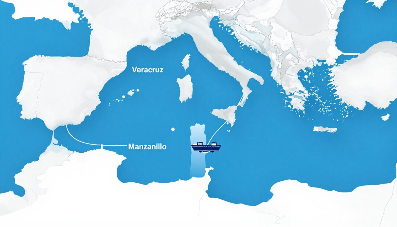 Map illustration showing shipping routes from Europe to Mexican ports