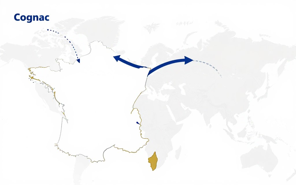 Map illustration showing supply route from Cognac region France to Eurasia