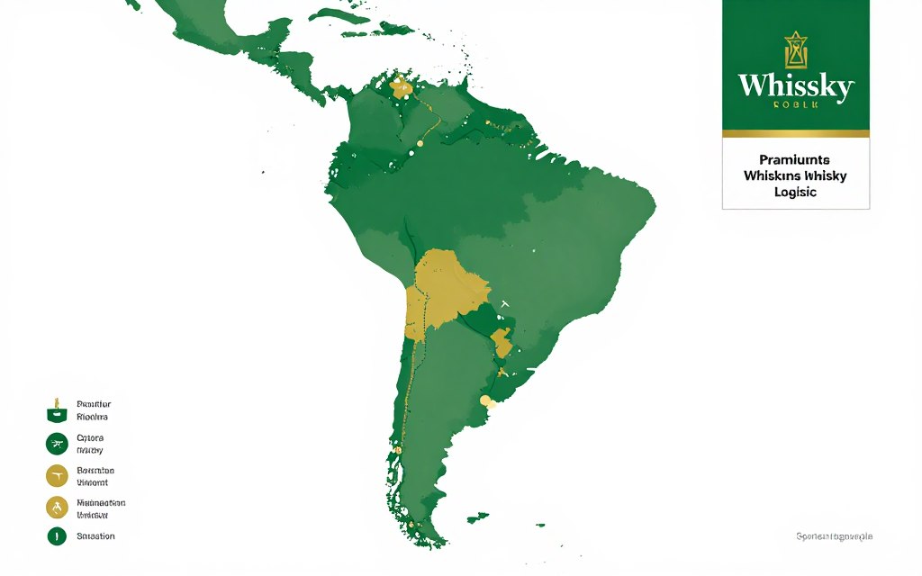 Mapa da América do Sul destacando rotas de distribuição de whisky Glenfiddich