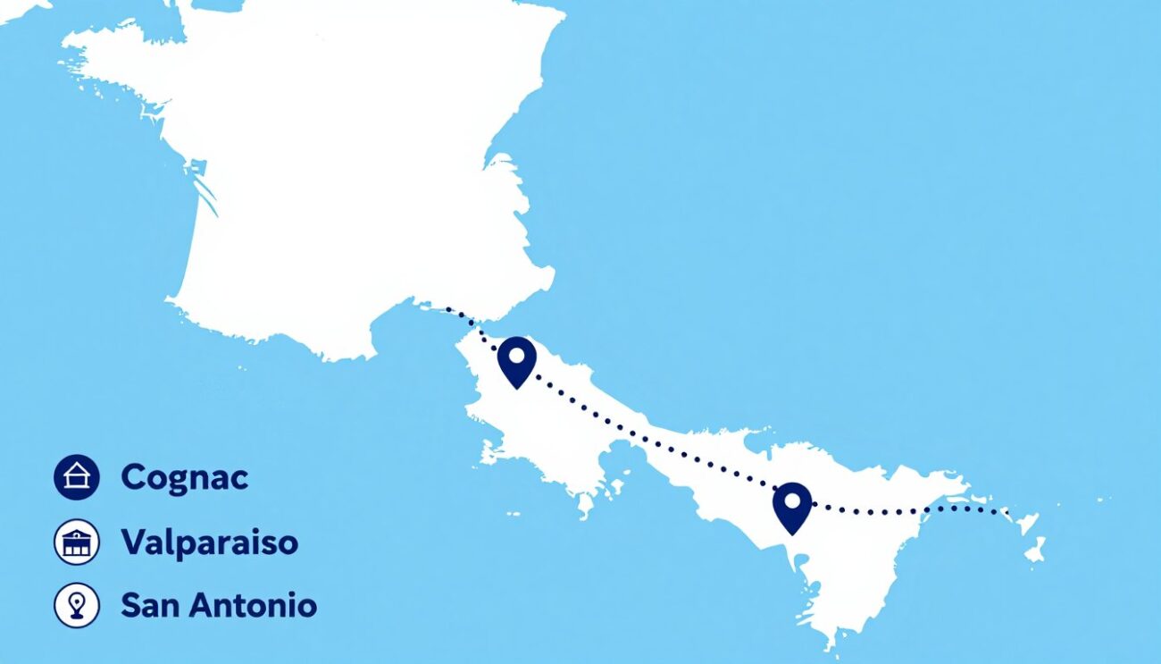 Mapa ilustrativo mostrando ruta marítima desde Francia hasta puertos chilenos