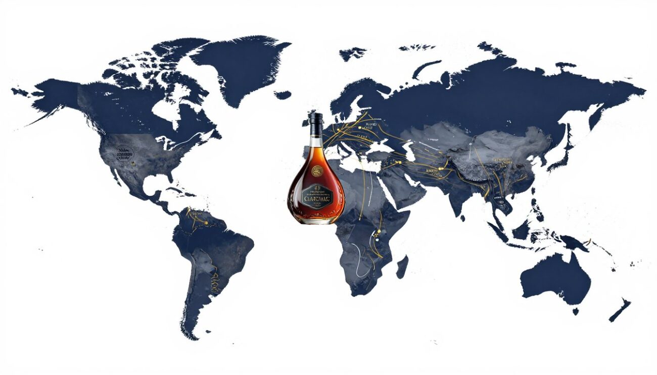 Mapa mundial abstrato mostrando rotas de distribuição internacional de cognac premium
