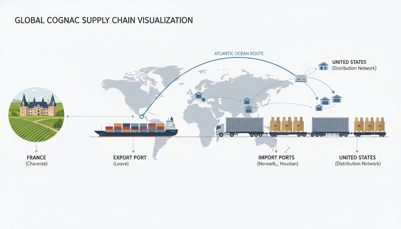 Martell cognac wholesale USA supply chain visualization showing export route from France to US ports