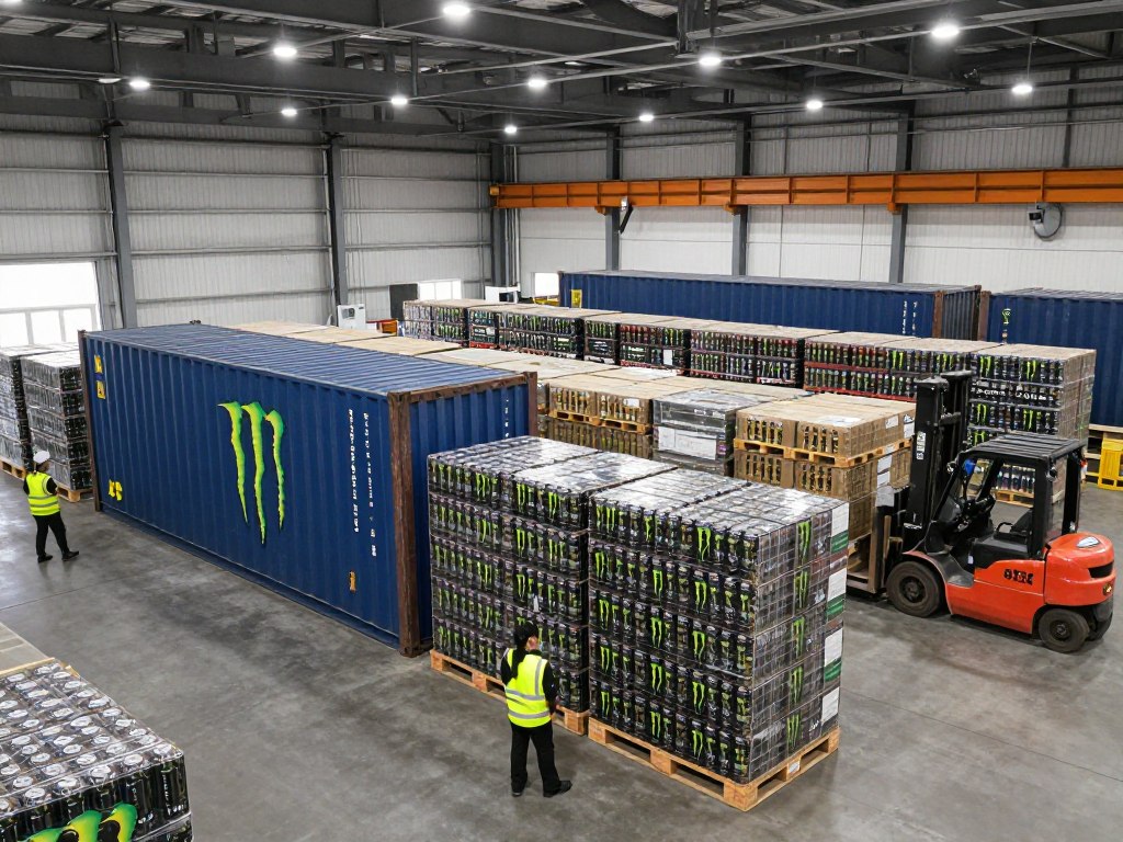 Monster Energy drink pallets being prepared for container loading