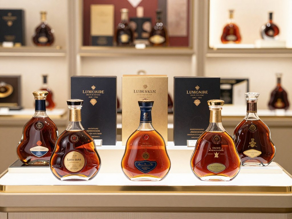 Multiple luxury cognac brands display