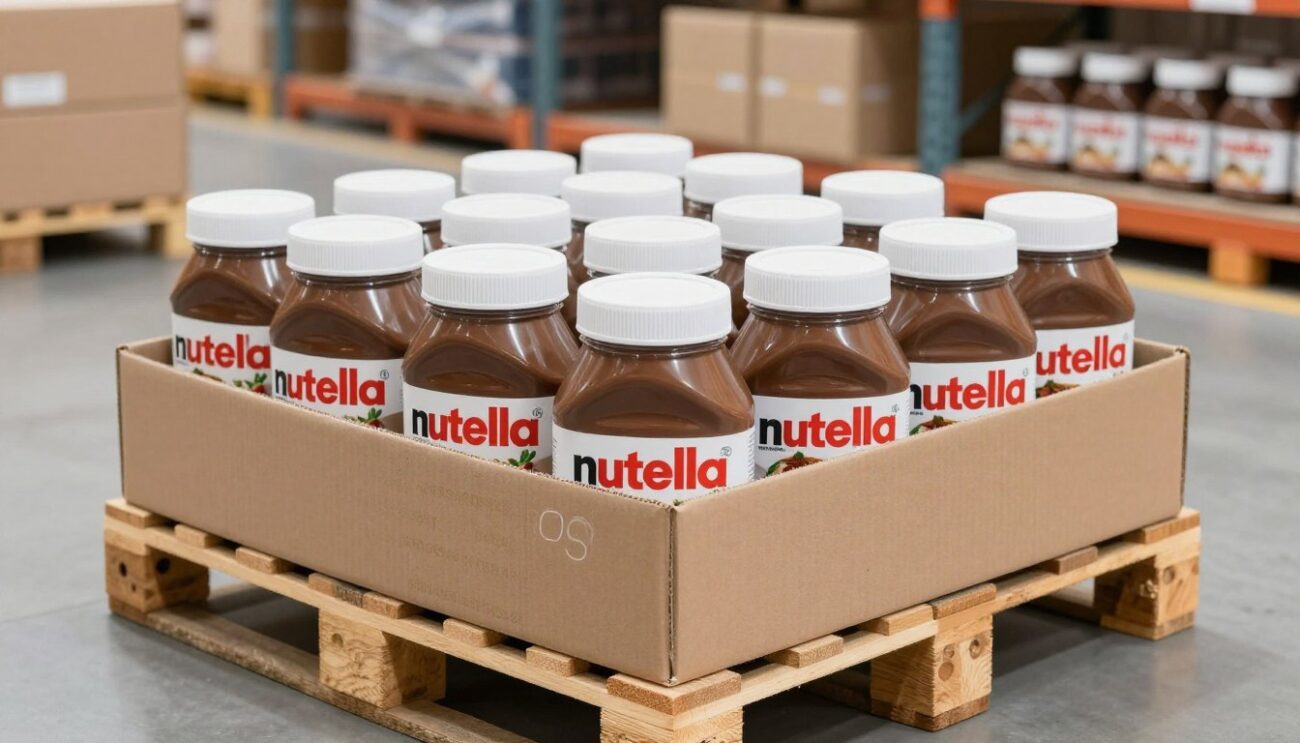 Nutella jars in wholesale carton packaging ready for export from European warehouse