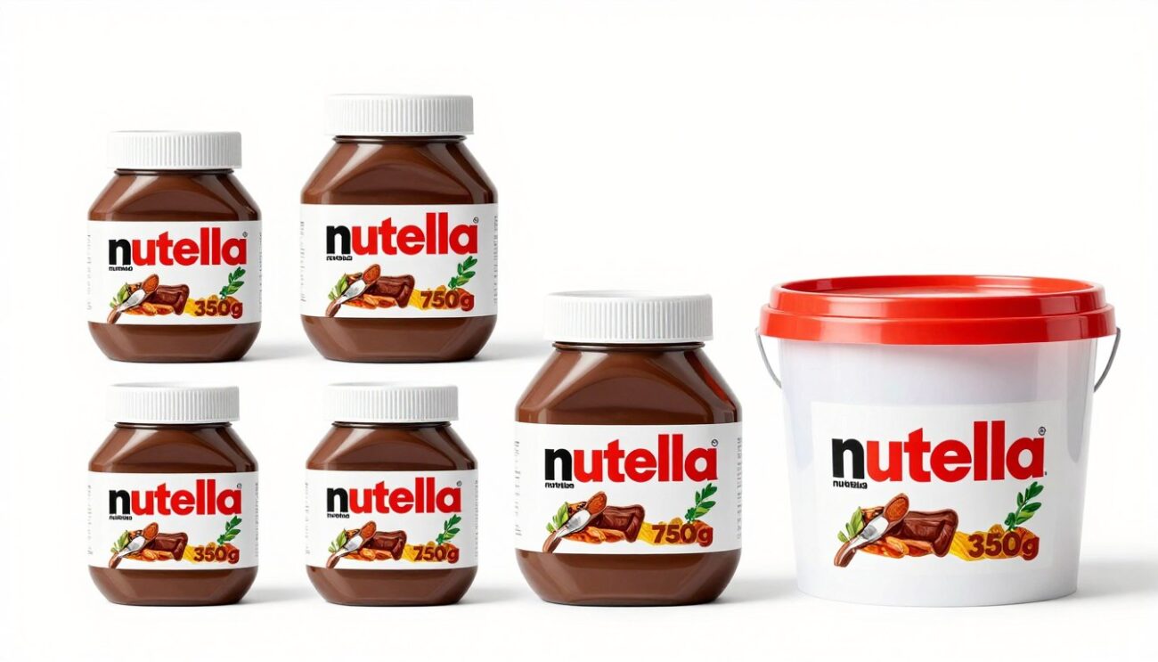 Nutella product range display showing multiple sizes from 350g to 3kg for wholesale buyers