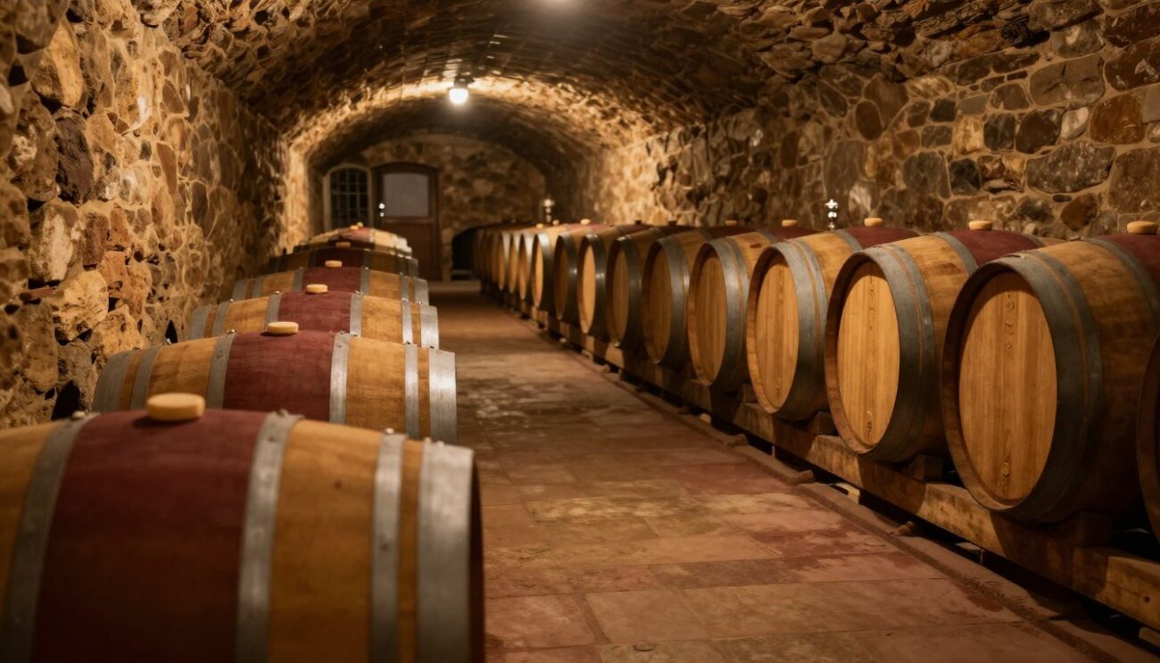 Oak barrels in traditional cognac cellar aging warehouse with ambient lighting