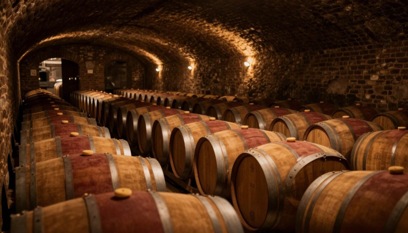 Oak cognac barrels in traditional cellar with warm amber lighting showcasing heritage craftsmanship in spirits aging process