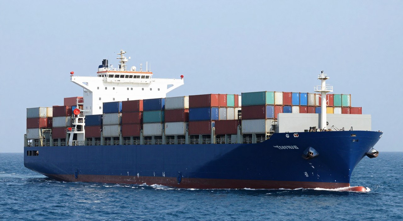 Ocean freight vessel transporting containerized cargo across Atlantic