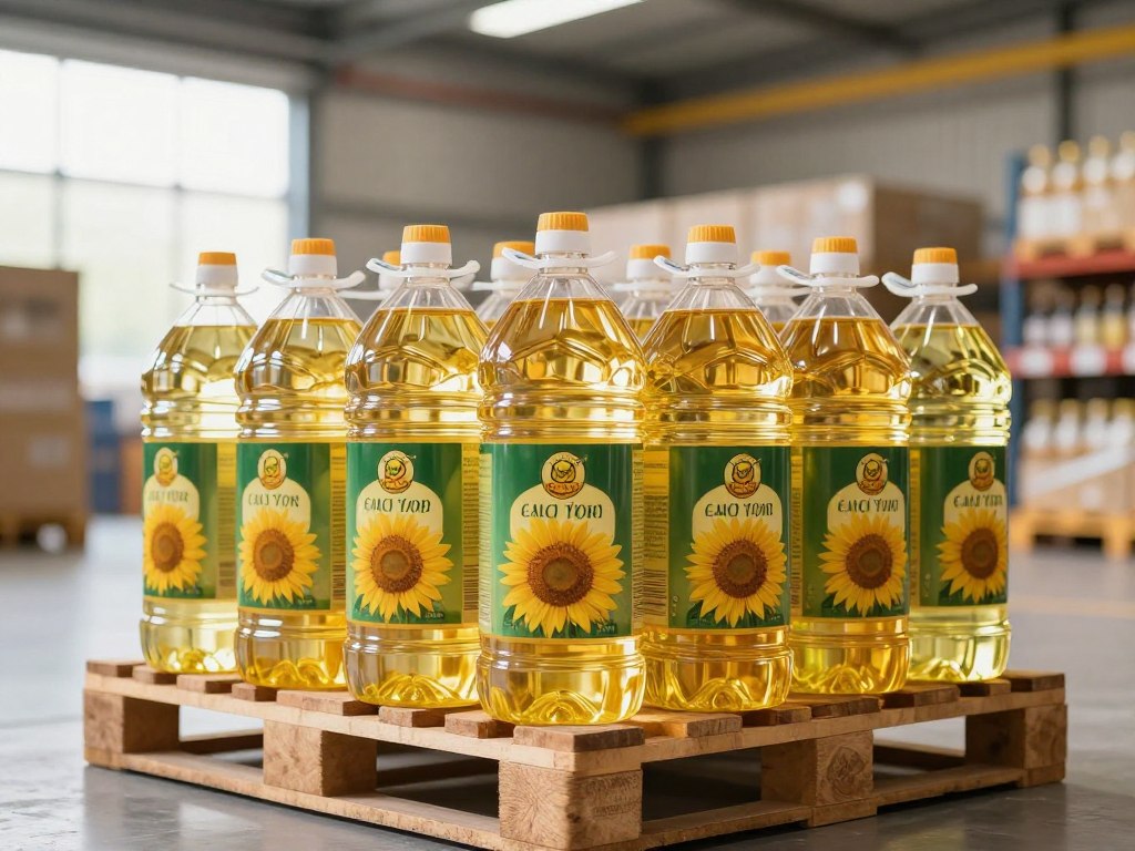 Óleo de girassol refinado em garrafas de 1L prontas para exportação