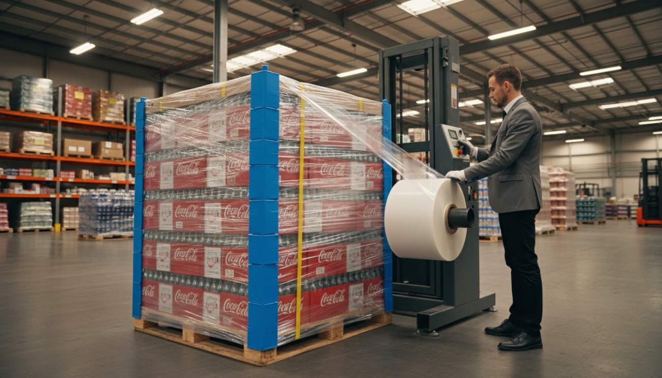 Pallet wrapping and stabilization close-up showing secure packaging for sea freight to Malaysia