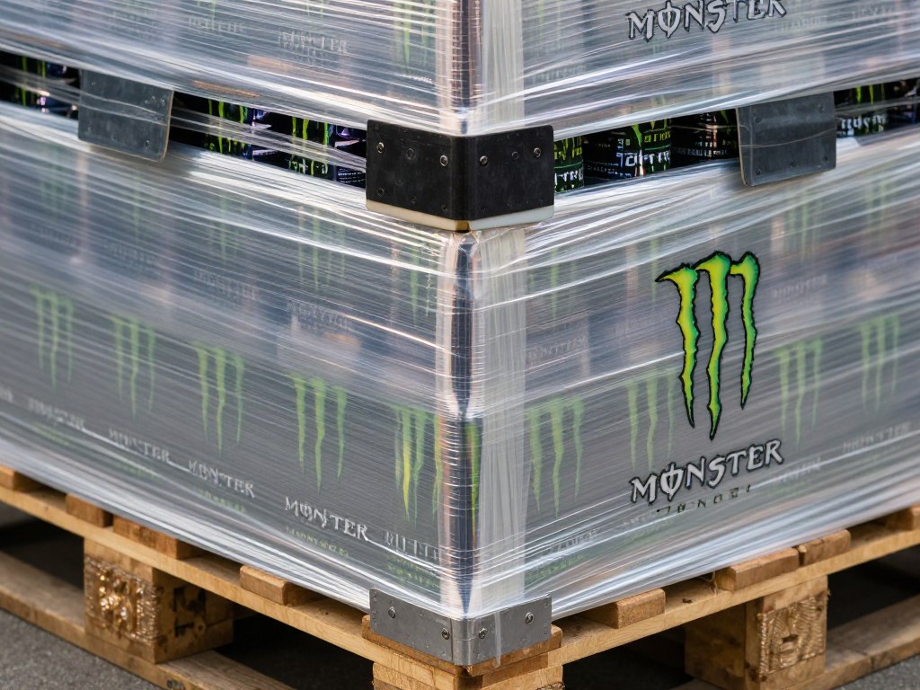Pallet wrapping detail showing corner protection and stretch wrap securing Monster Energy cases