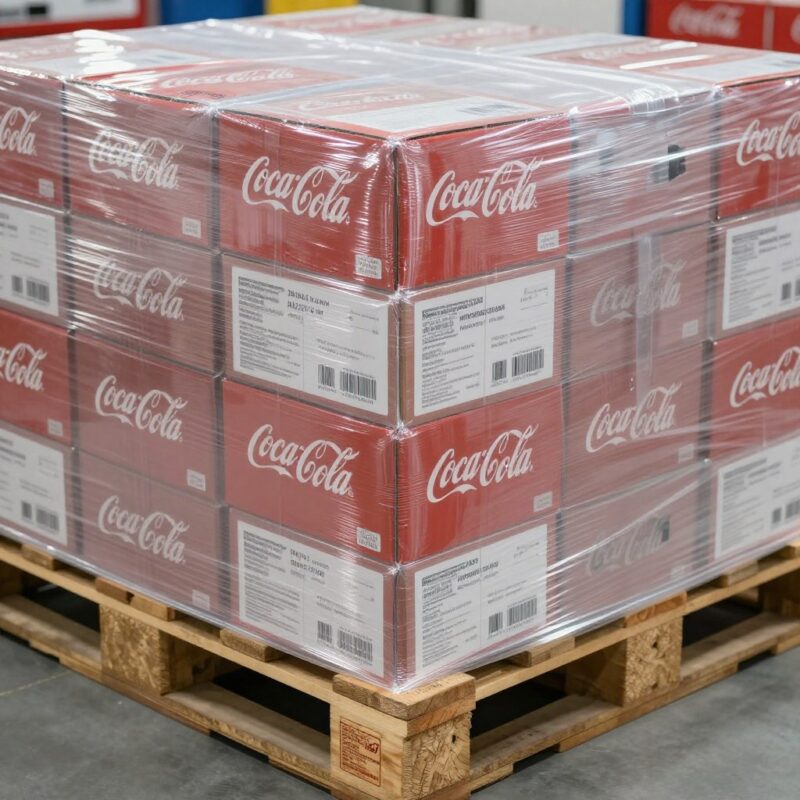 Pallets de Coca-Cola envueltos con film para exportación a Chile