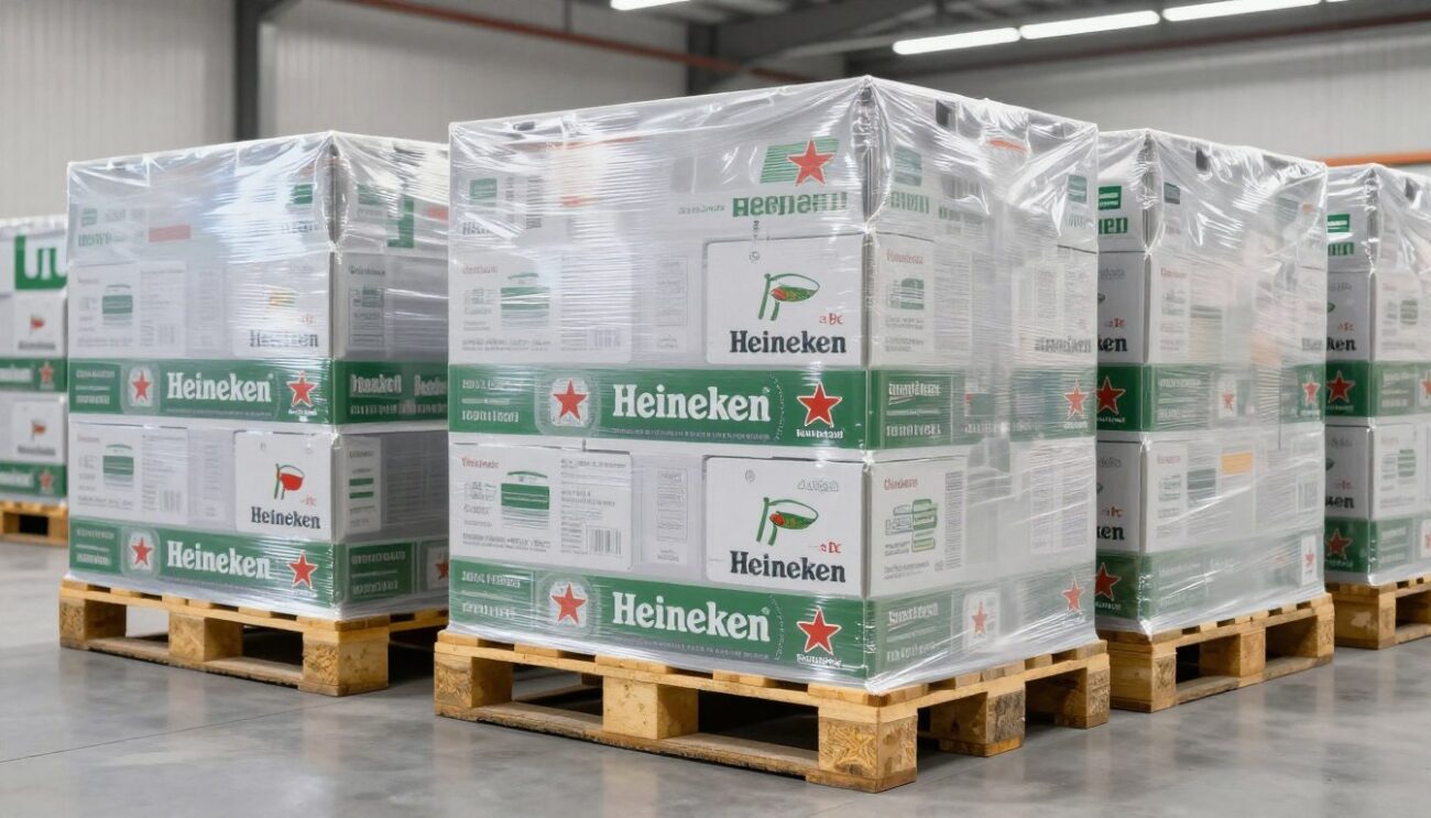 Pallets de Heineken empilhados em armazém logístico prontos para exportação ao Brasil