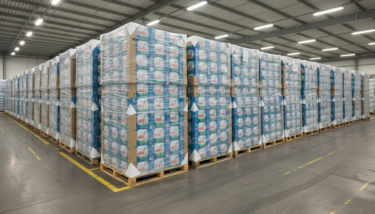 Pallets of Ariel detergent cartons stacked in a warehouse for wholesale distribution