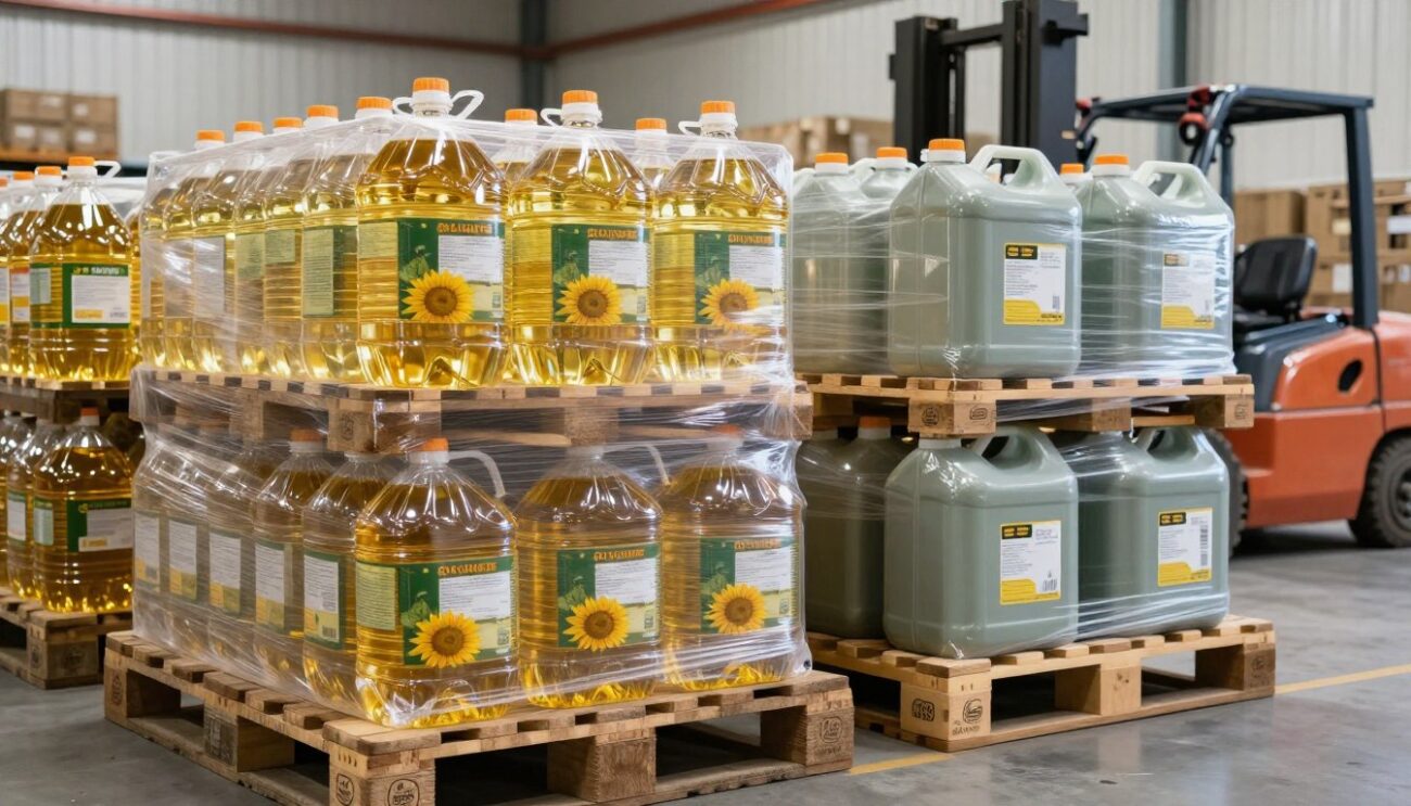 Pallets of sunflower oil bottles prepared for export shipment to Africa