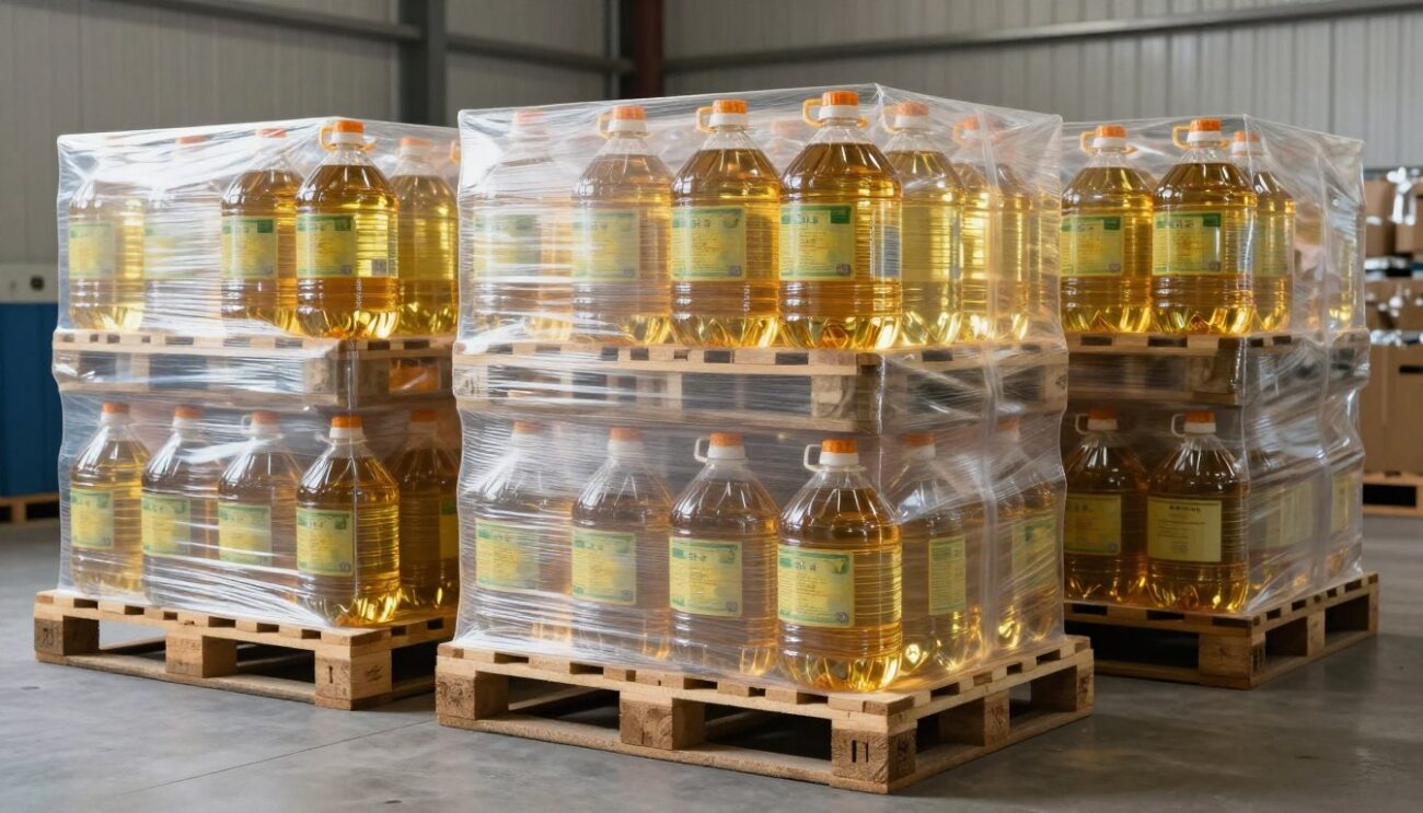 Pallets of sunflower oil in various packaging sizes ready for wholesale distribution to USA market
