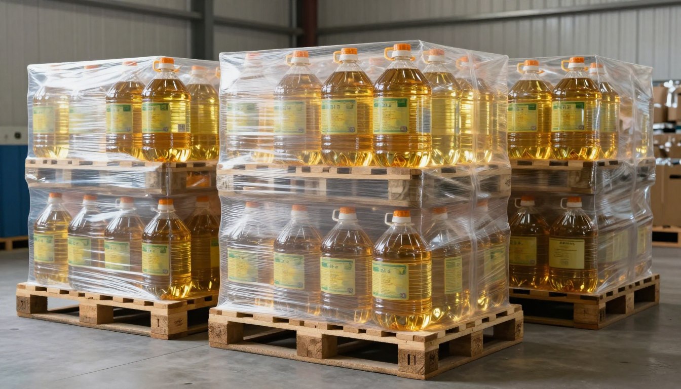 Pallets of sunflower oil in various packaging sizes ready for wholesale distribution to USA market