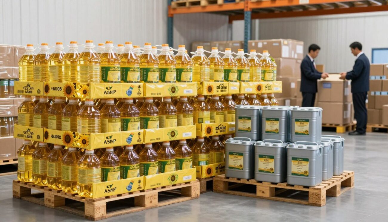 Pallets of sunflower oil wholesale products ready for export to Asian markets