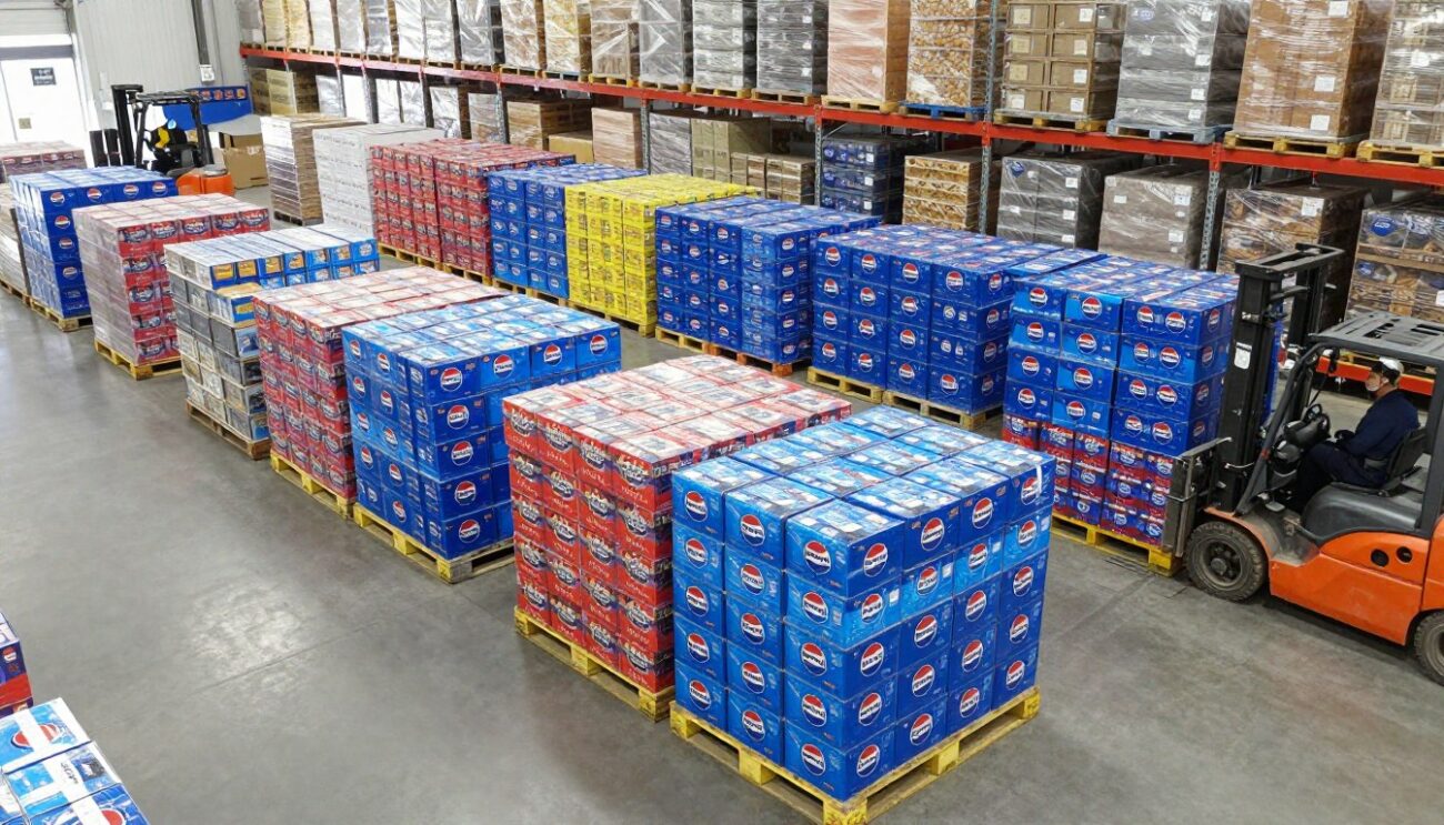 Pepsi wholesale distribution center in UAE with stacked pallets ready for delivery