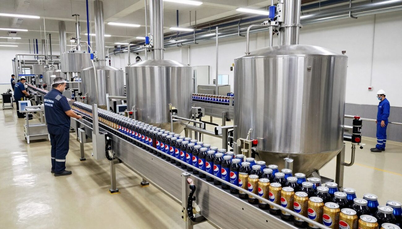 Planta embotelladora europea de Pepsi con líneas de producción