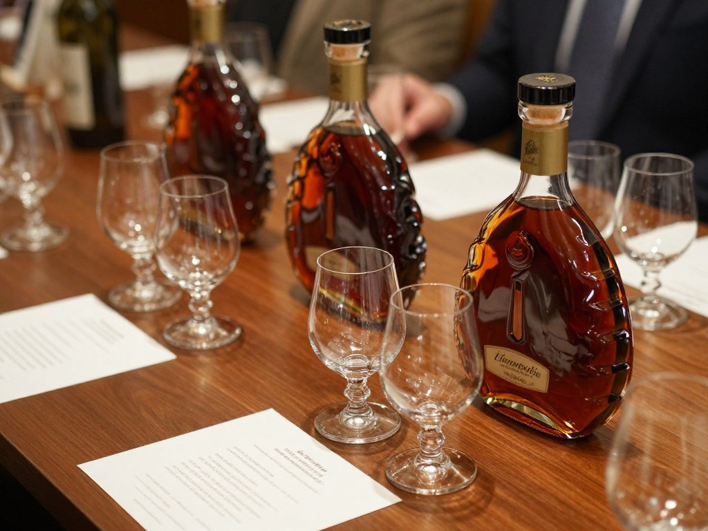 Premium cognac tasting setup with multiple glasses and bottles