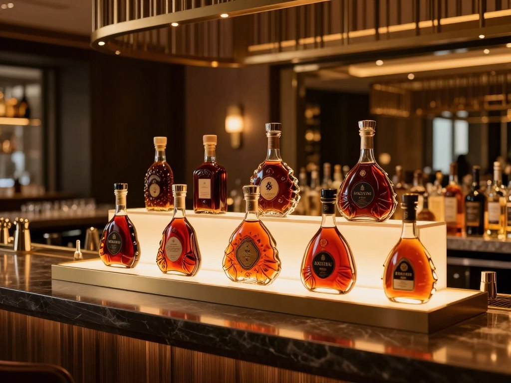 Premium hotel bar setting with cognac service presentation