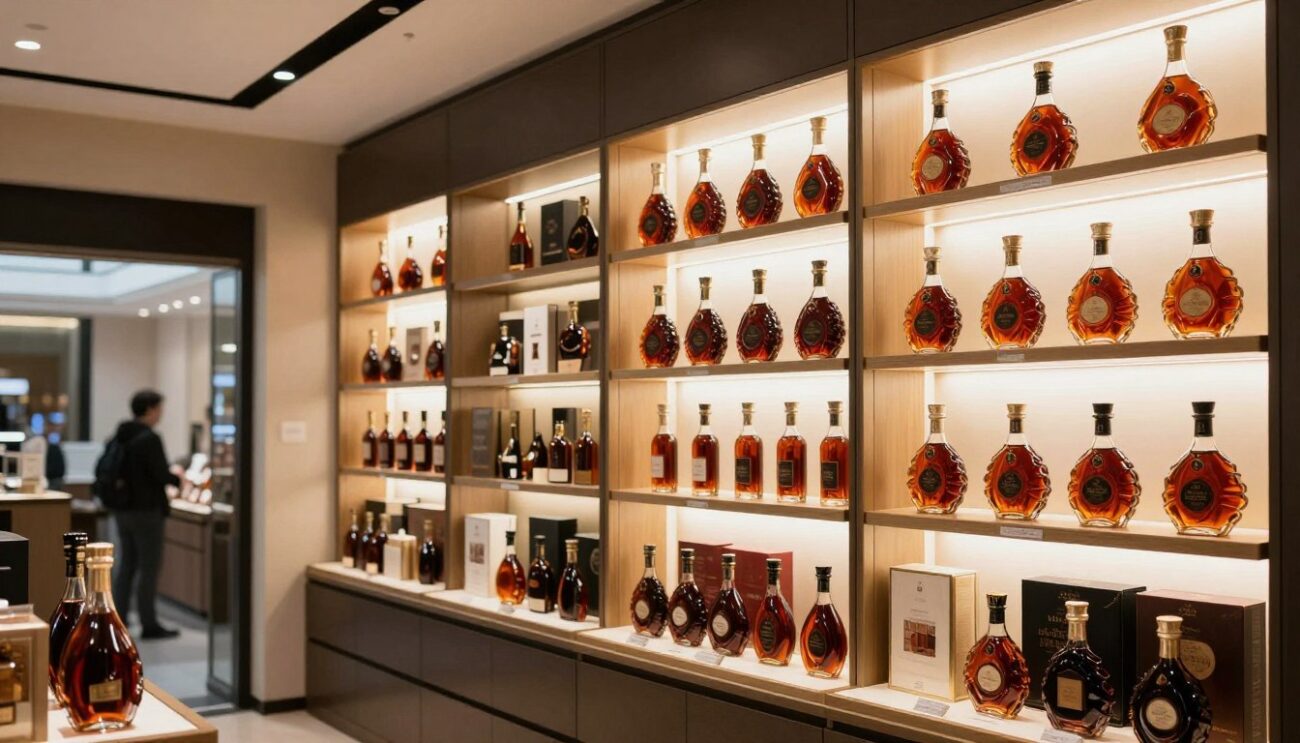 Premium spirits retail display showing luxury cognac section in high-end store