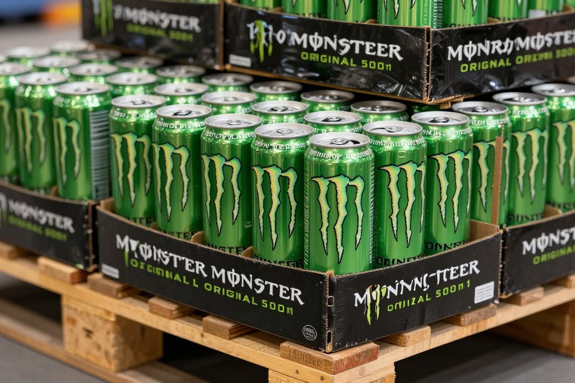 Primer plano de cajas de Monster Energy Original 500ml en entorno logístico
