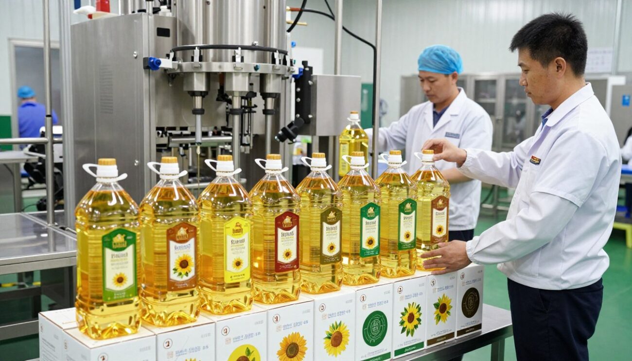 Private label sunflower oil bottles with custom branding being prepared for wholesale distribution
