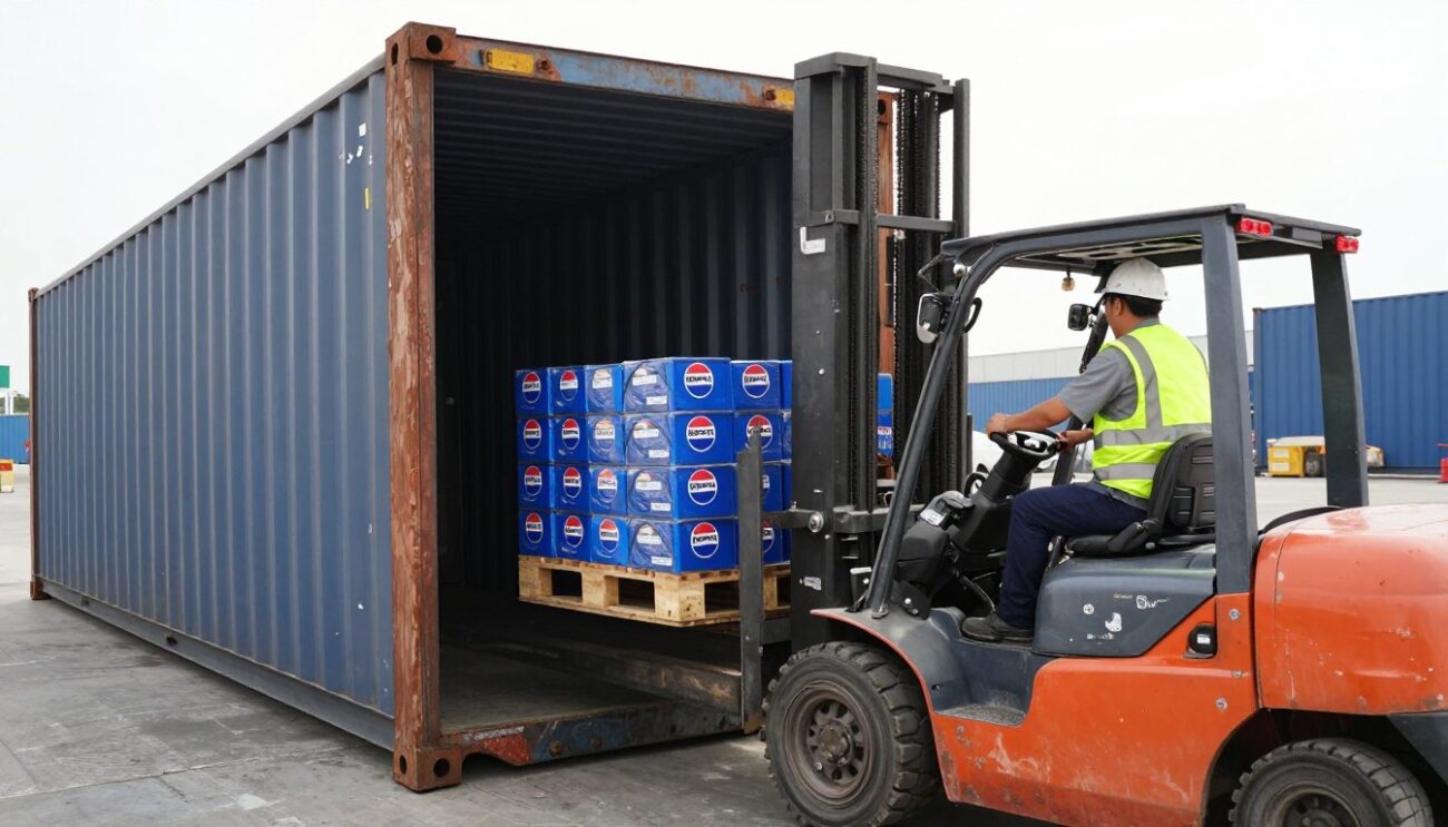 Proceso de carga de contenedor con productos Pepsi para exportación a Perú