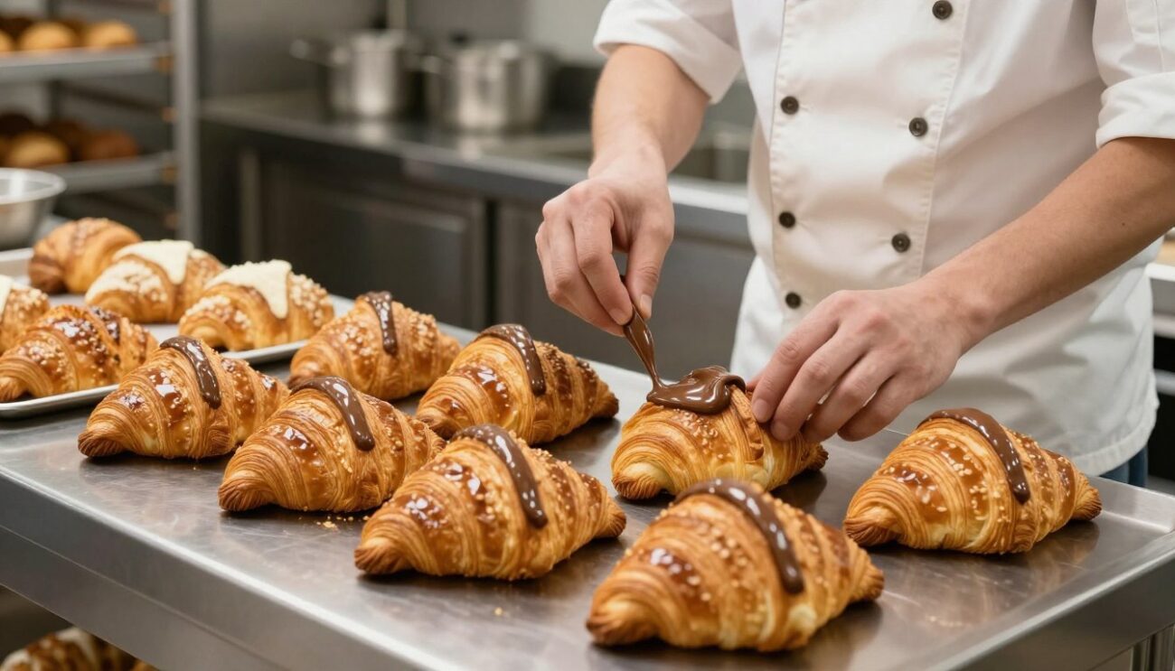 Professional bakery using Nutella wholesale supply for croissant and pastry production
