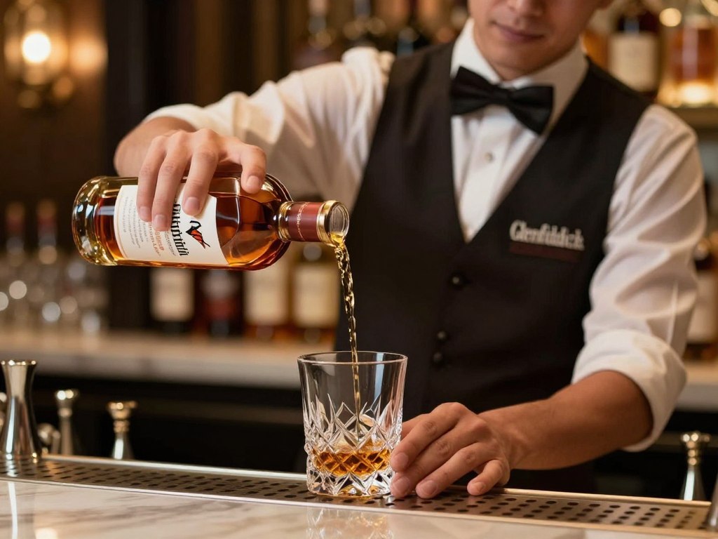 Professional bartender pouring Glenfiddich whisky in upscale hotel bar environment