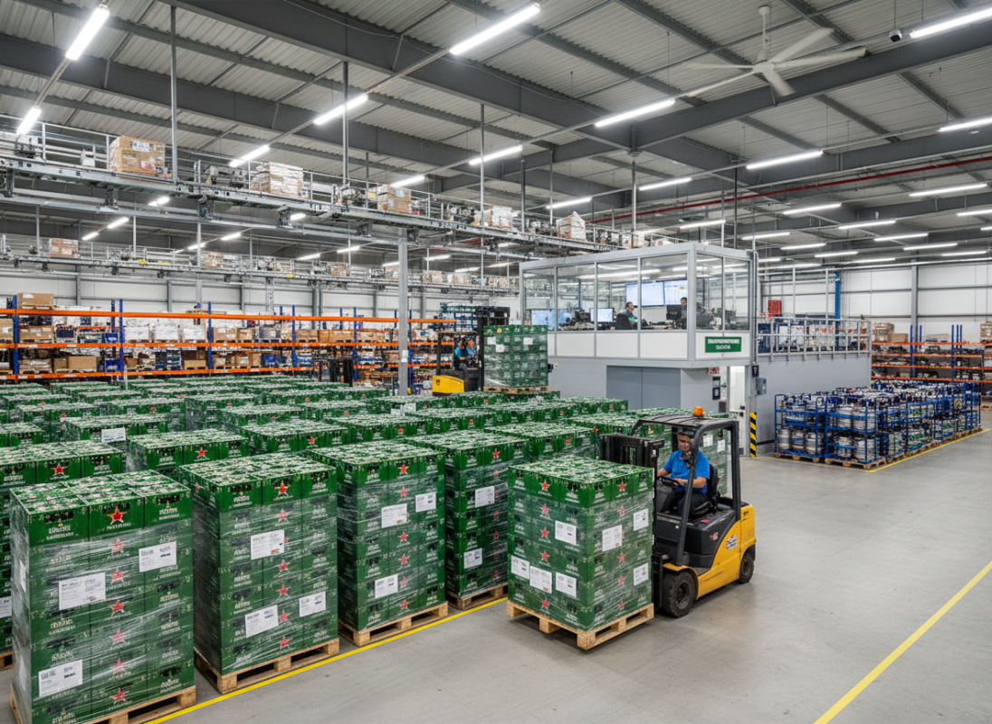 Professional beer distributor warehouse with Heineken pallets being processed for Heineken wholesale USA distribution