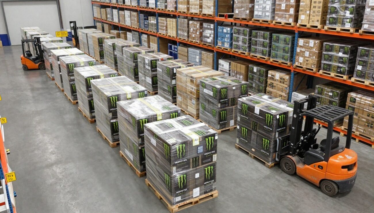 Professional warehouse with Monster Energy pallets ready for export to African markets