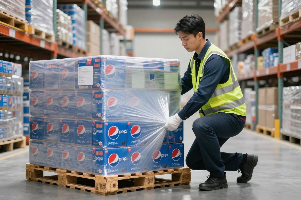 Proses pembungkusan palet Pepsi untuk ekspor grosir ke Indonesia