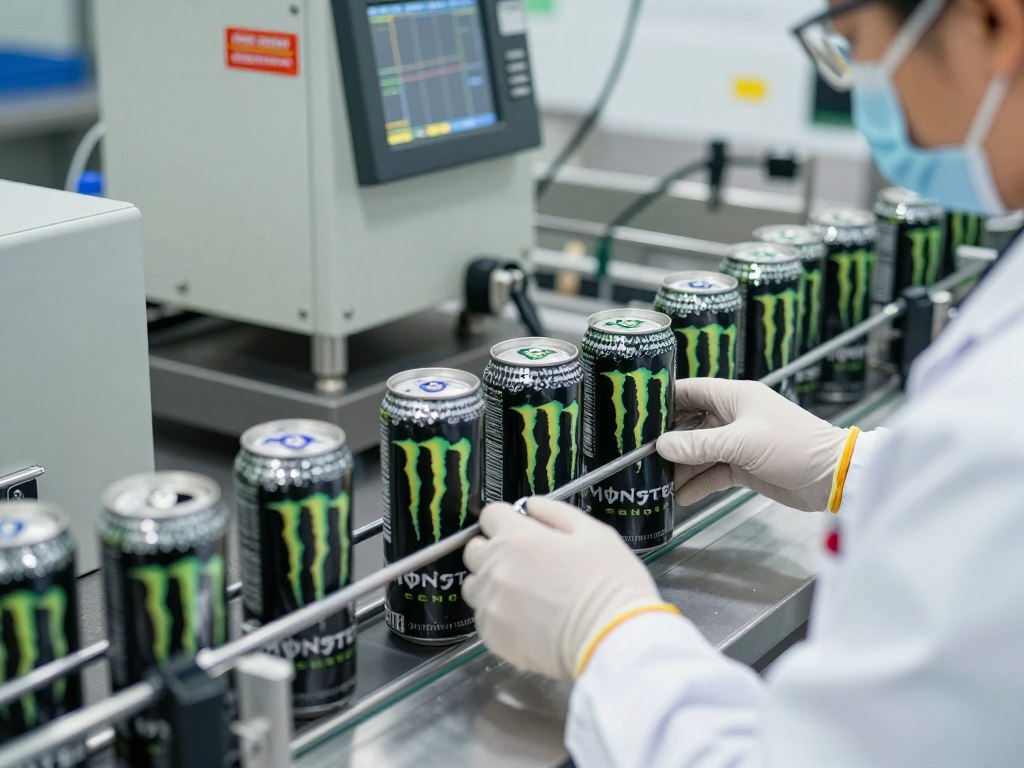 Quality control inspection of Monster Energy products before export packaging
