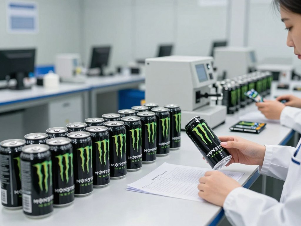 Quality control inspection of Monster Energy products for wholesale export to Indonesia