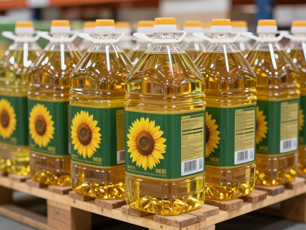 Refined sunflower oil in various commercial packaging sizes for wholesale distribution in USA