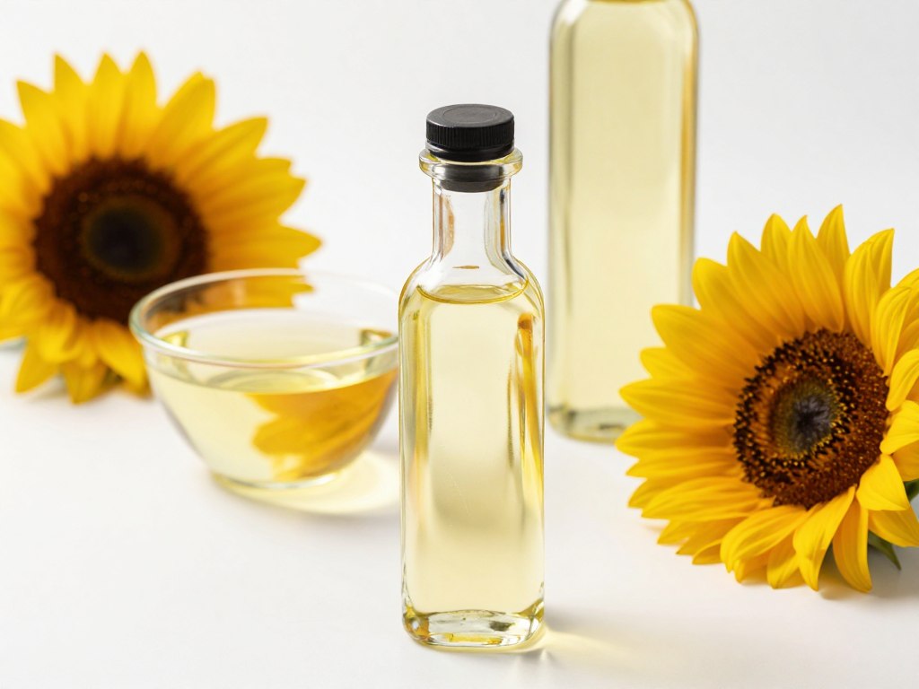 Refined sunflower oil samples showing clear golden color in glass containers