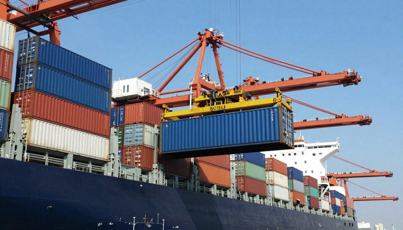 Shipping container being loaded at European export port