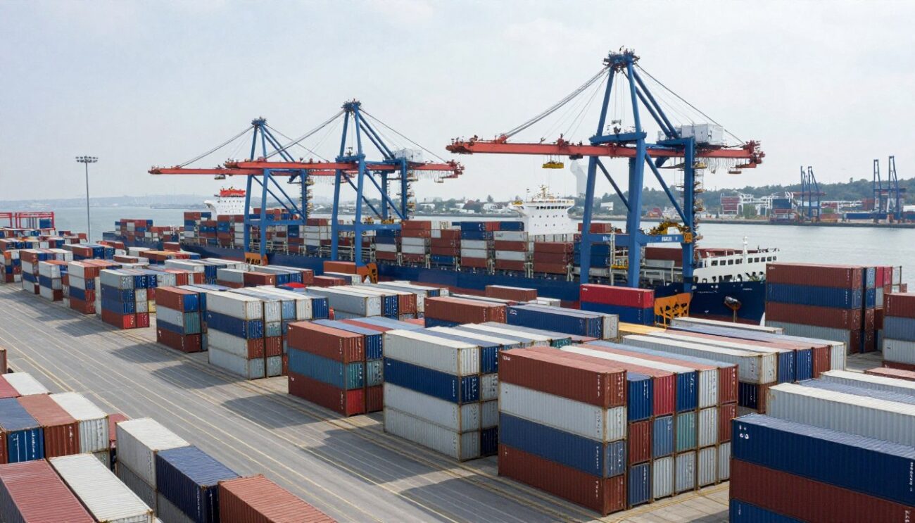 Shipping container being loaded at European port for export to Mexico