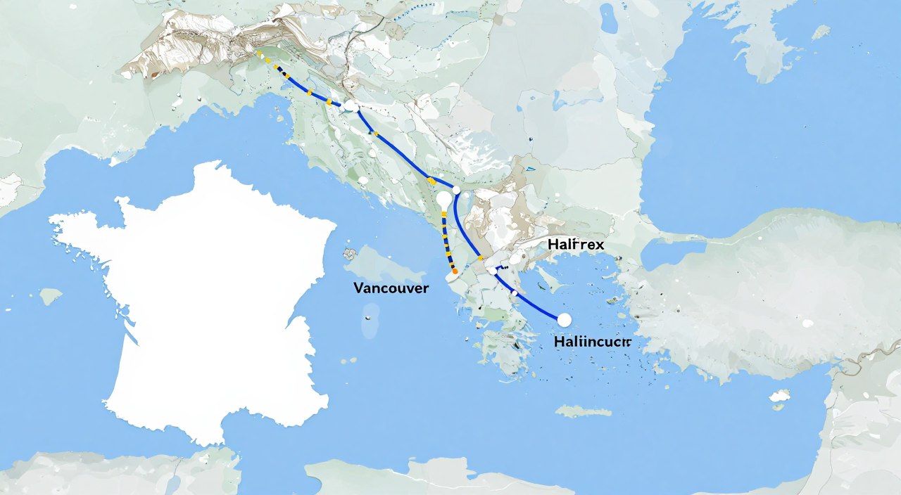 Shipping route map from France to Canadian ports Vancouver and Halifax