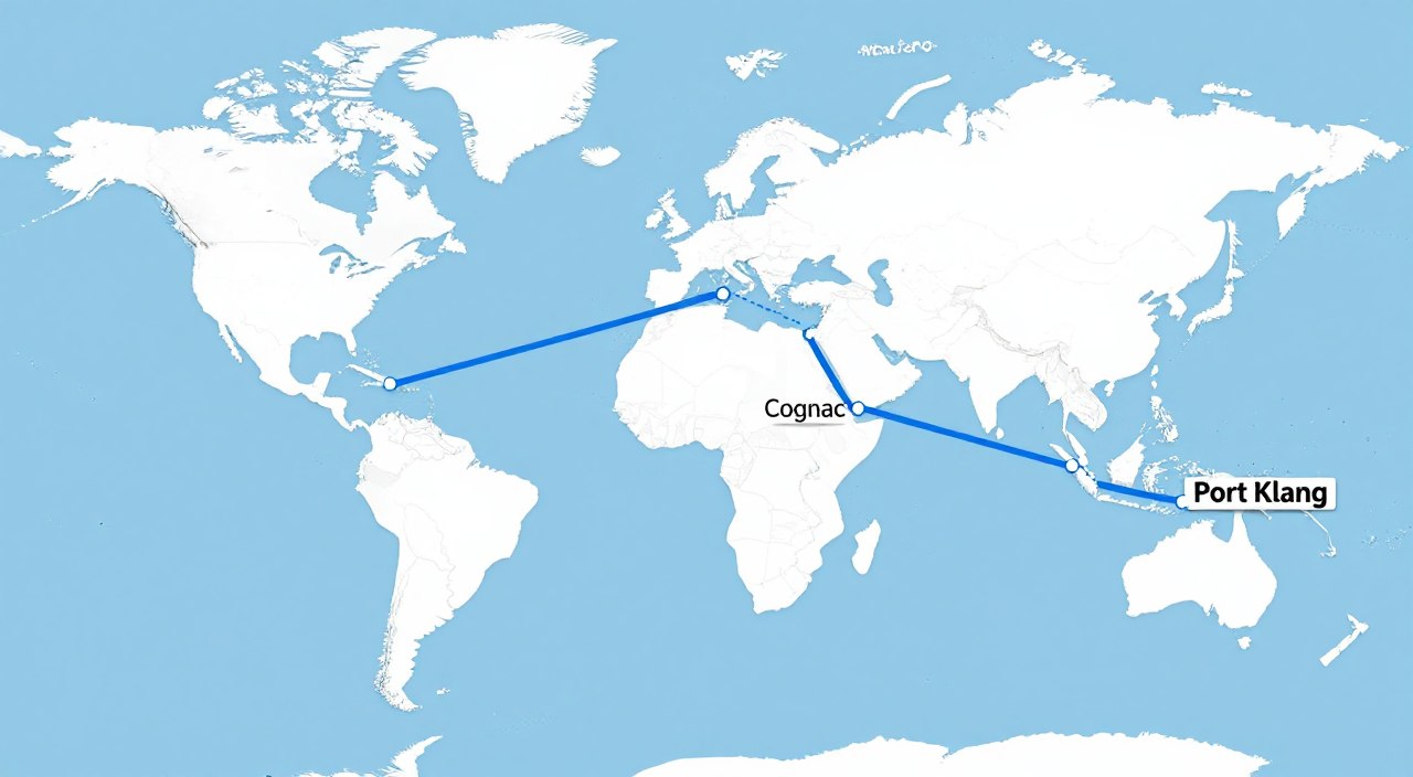 Shipping route map from France to Malaysia showing logistics pathway