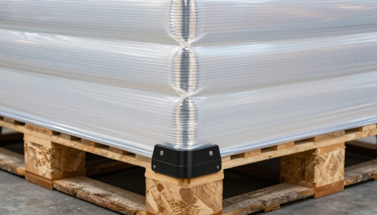 Sistema de proteção de pallets Heineken com filme stretch e protetores de canto para exportação ao Brasil